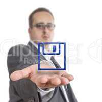 Business man holding a Disk Symbol
