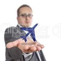 Business man holding aircraft Symbol