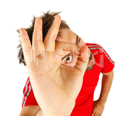 Young man with red t-shirt,  Ok concept.