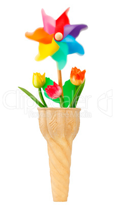 Ice cream cone with pinwheel and flowers