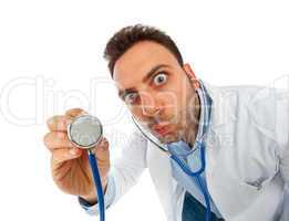 Funny young doctor man with stethoscope