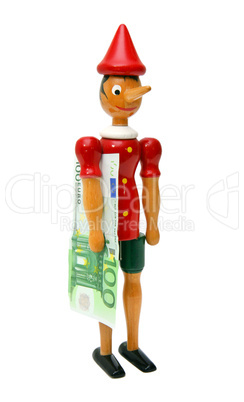 Pinocchio with 100 euro, Wooden Toy