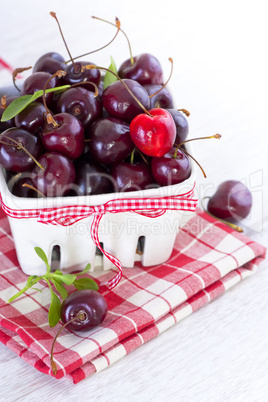 fresh red cherries on a white bowl