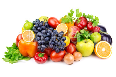 set of different fruits and vegetables  on white background