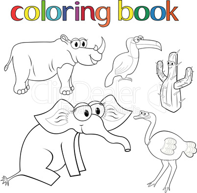 Set of animals and cactus for coloring book