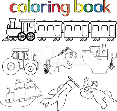 Set of different toys for coloring book