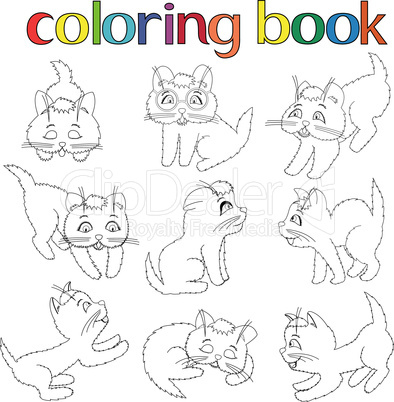 Set of nine playful kittens for coloring book