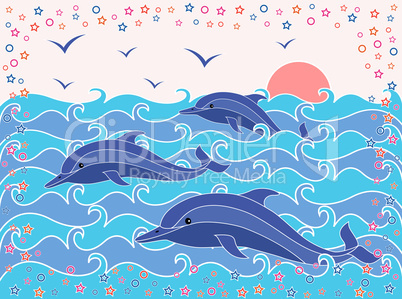 Three Dolphins in the sea waves