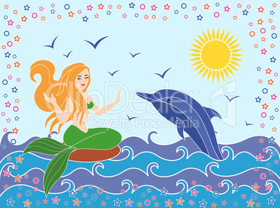 Dolphin and Mermaid in the sea waves