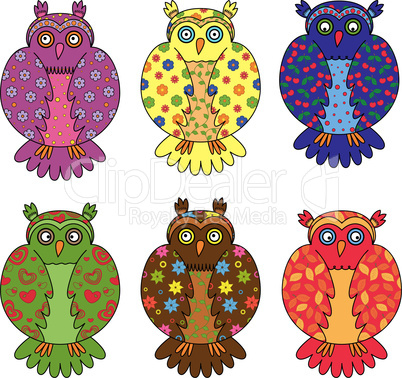 Set of six stylized owls