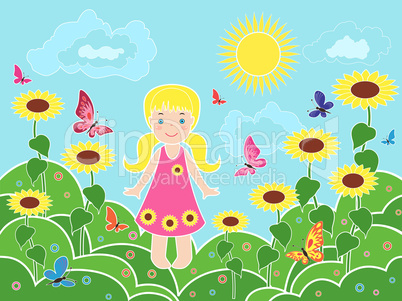 Small girl on the field among sunflowers