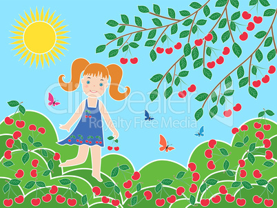Small girl near cherry tree in sunny summer day