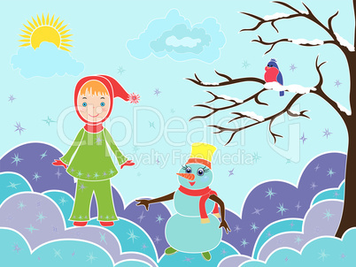 Small girl with snowman among snowdrifts