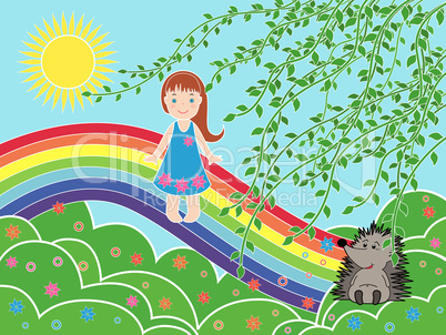 Small girl on the rainbow in sunny summer day