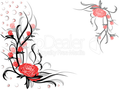 Floral swirl postcard with red roses