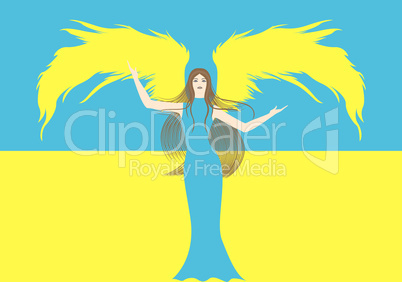 Female angel against the flag of Ukraine
