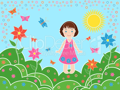 Small girl on the meadows in sunny summer day