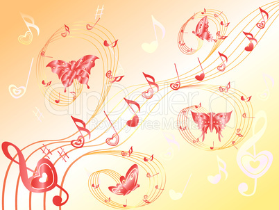 Musical notes on stave with hearts and butterflies
