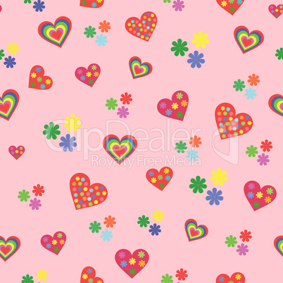 Seamless pattern with various colorful hearts