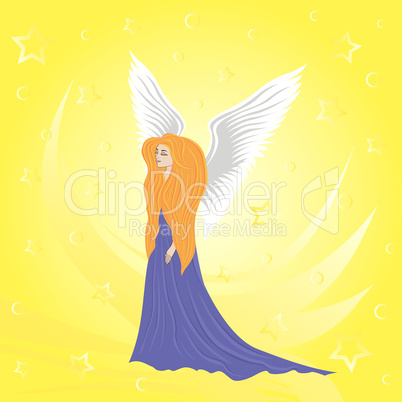 Woman angel on abstract yellow background