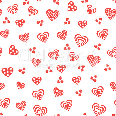 Seamless pattern with various red and white hearts