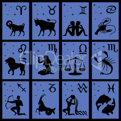 Twelve black silhouettes of Zodiac signs