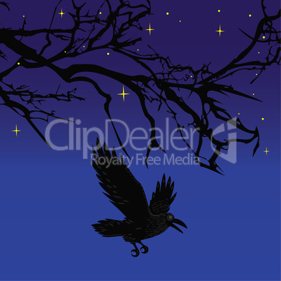 Dark crow bird flying over scary halloween night tree vector