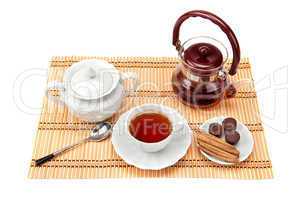 tea and tea utensils isolated on white background