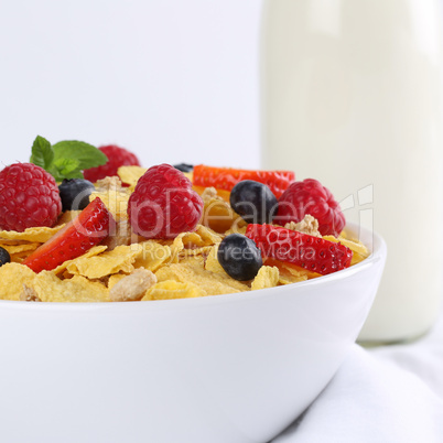 Frische Früchte mit Milch und Cornflakes zum Frühstück