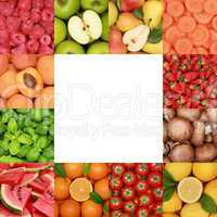 Collage mit Früchten, Gemüse, Kräuter und Obst