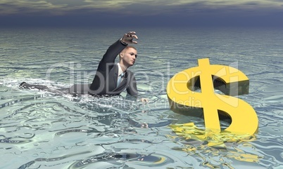 Businessman and dollar sinking - 3D render