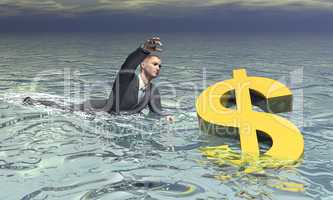 Businessman and dollar sinking - 3D render
