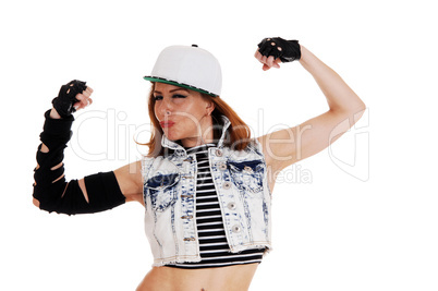 Hip-Hop woman showing muscles.