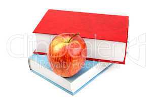 books and red apple isolated on white background