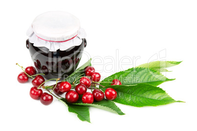 Cherry jam and cherries isolated on white background