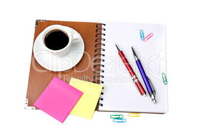 office supplies and coffee cup isolated on white background