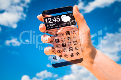 Smartphone with transparent screen in human hands.