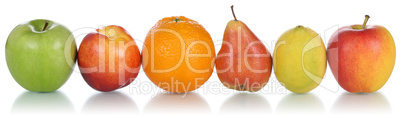 Früchte wie Apfel, Orange und Zitrone in einer Reihe freigestel