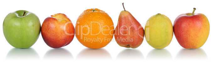 Früchte wie Apfel, Orange und Zitrone in einer Reihe freigestel