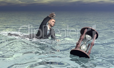 Businessman and hourglass sinking - 3D render
