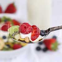Früchte Joghurt auf Löffel zum Frühstück