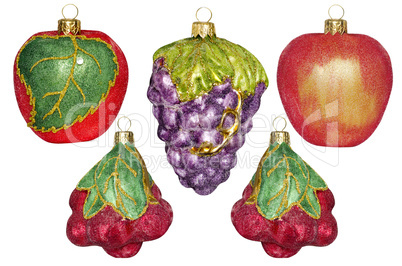 5 Christmas decorations in the form of fruit on a white background