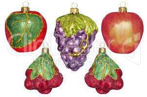5 Christmas decorations in the form of fruit on a white background