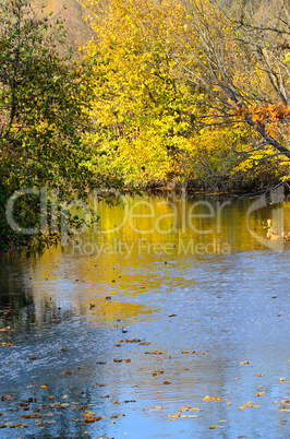 Autumn landscape with reflection in the water of trees with brig