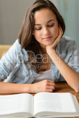 Student teenage girl reading book at home