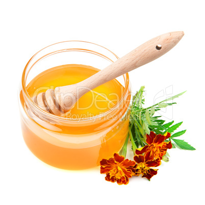 pot with honey and drizzler isolation  on a white background