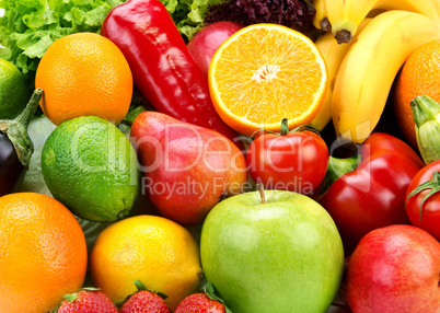 bright background of ripe fruits  and vegetables