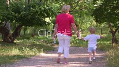 Grandmother with grandson walking down the path in summer park