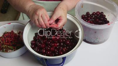 Woman removes the pits from cherries