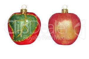 2 Christmas decorations in the form of apple on a white backgrou